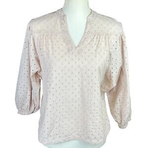 Badgley Mischka Pop Over Size Small Blush Pink Eyelet Peasant Cottagecore Top